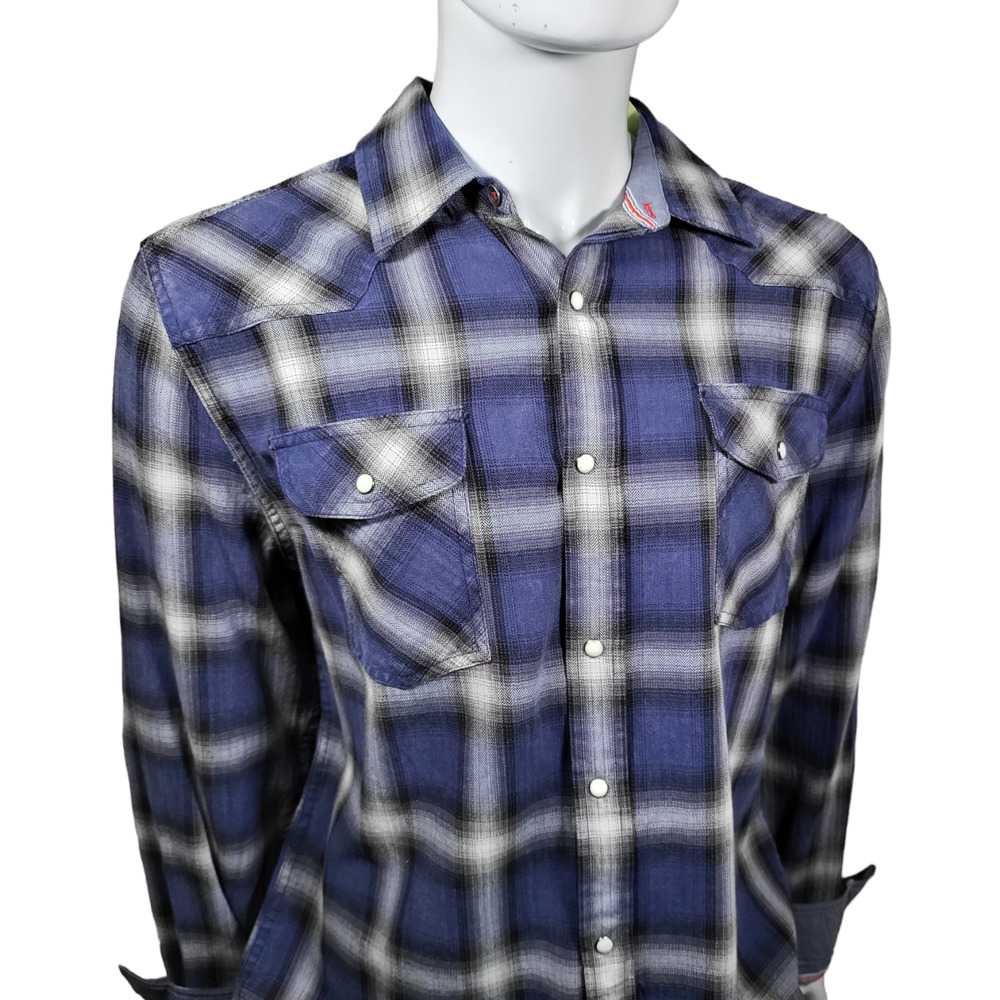 NWT FLAG & ANTHEM Indigo Dyed Pearl Snap Western Plaid Button Up 4XLT - Picture 4 of 12